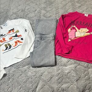 Graphic Long Sleeve Tops and Gray Jeans Set